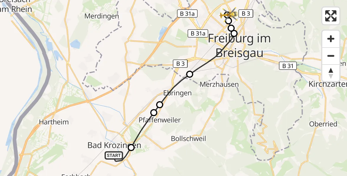Flugroute Ambulanzhubschrauber Bad Krozingen - Freiburg im Breisgau Flugplatz, 29 August 2026, 17:46