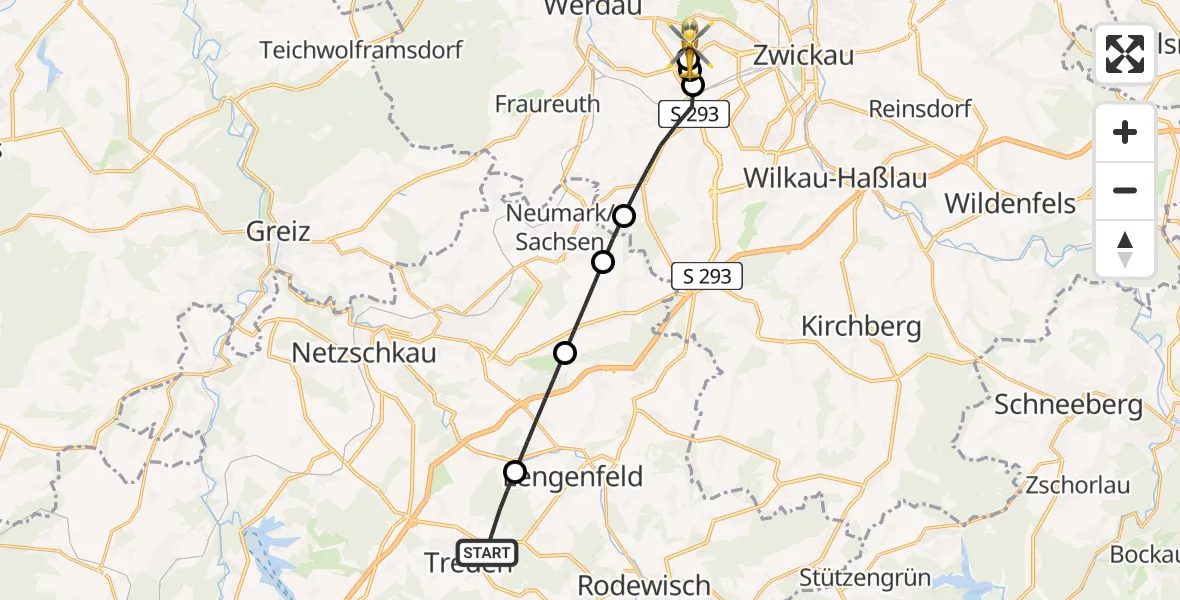Flugroute Rettungshubschrauber Treuen - ADAC Air Rescue Station Zwickau Hubschrauberlandeplatz, 29 August 2026, 17:49