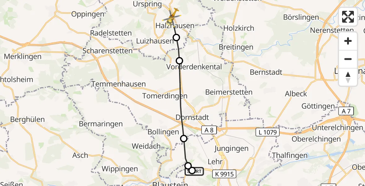 Flugroute Rettungshubschrauber Ulm Military Hospital Emergency - Lonsee, 29 August 2026, 17:57