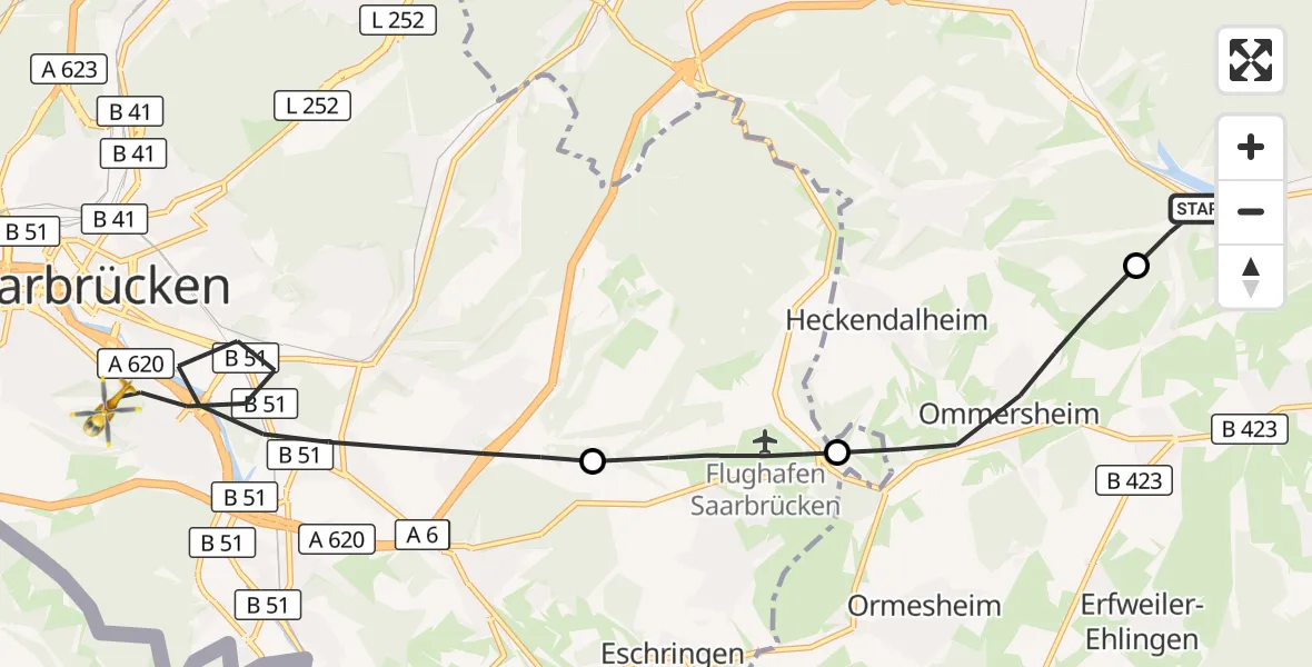 Flugroute Rettungshubschrauber Blieskastel - Saarbrücken, 29 August 2026, 17:57