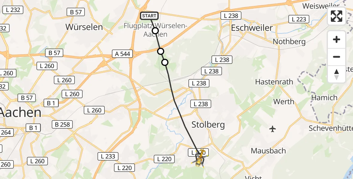 Flugroute Rettungshubschrauber Aachen-Merzbrück Flughafen - Stolberg (Rhld.), 29 August 2026, 18:00
