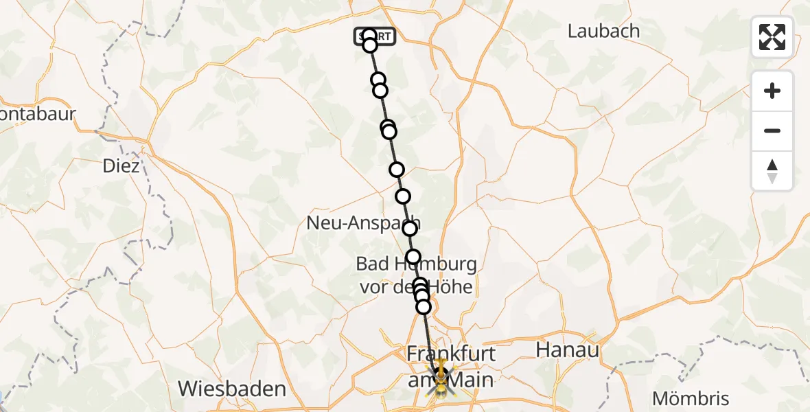 Flugroute Rettungshubschrauber Lahn-Dill Clinic Wetzlar Hubschrauberlandeplatz - Frankfurt University Hospital, 29 August 2026, 18:03