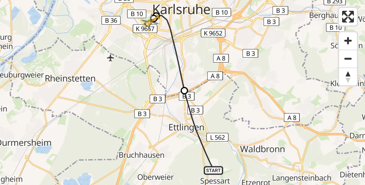 Flugroute Ambulanzhubschrauber Ettlingen - Sankt Vincentius Hospital, 29 August 2026, 18:11