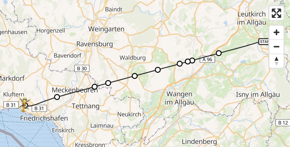 Flugroute Rettungshubschrauber Leutkirch im Allgäu - Friedrichshafen Hospital, 29 August 2026, 18:14