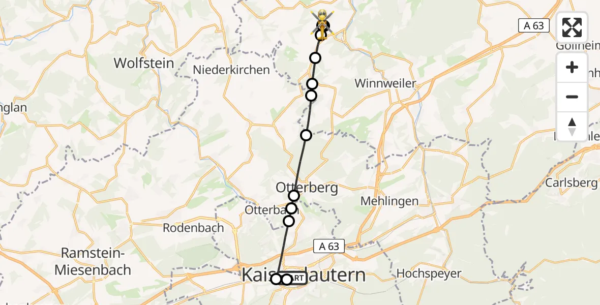 Flugroute Rettungshubschrauber Westpfalz Hospital Kaiserslautern - Rockenhausen, 29 August 2026, 18:15