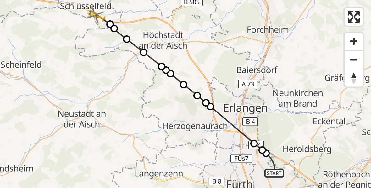 Flugroute Rettungshubschrauber Flughafen Nuremberg - Schlüsselfeld, 29 August 2026, 18:16