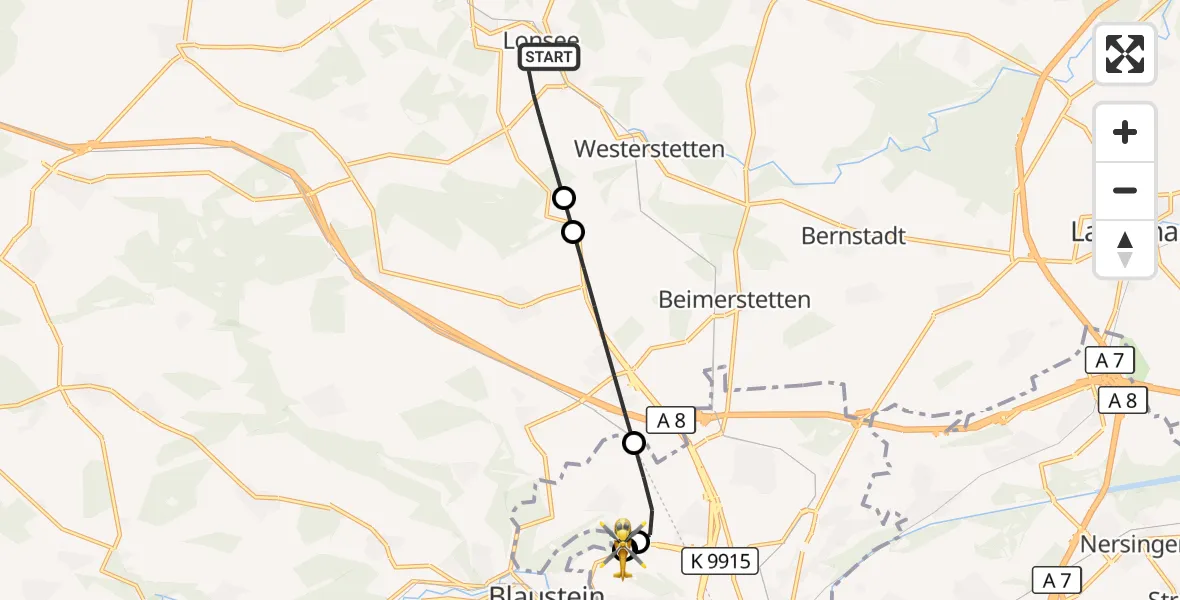 Flugroute Rettungshubschrauber Lonsee - ADAC Air Rescue Station Ulm (Christoph 22), 29 August 2026, 18:24
