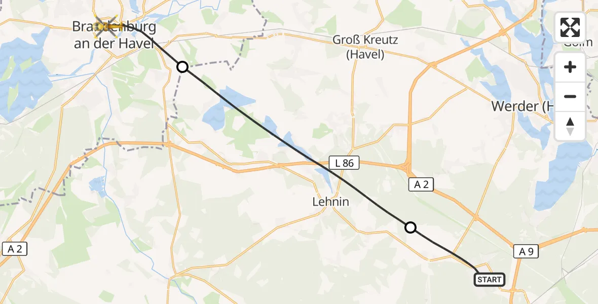 Flugroute Rettungshubschrauber Beelitz - Brandenburg an der Havel, 29 August 2026, 18:25