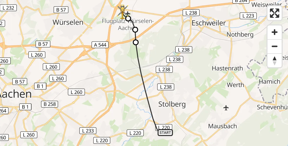 Flugroute Rettungshubschrauber Stolberg (Rhld.) - Aachen-Merzbrück Flughafen, 29 August 2026, 18:29