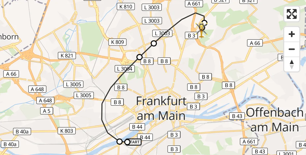 Flugroute Rettungshubschrauber Frankfurt University Hospital - Frankfurt am Main Accident Hospital Roof Helipad (CHX2), 29 August 2026, 18:48