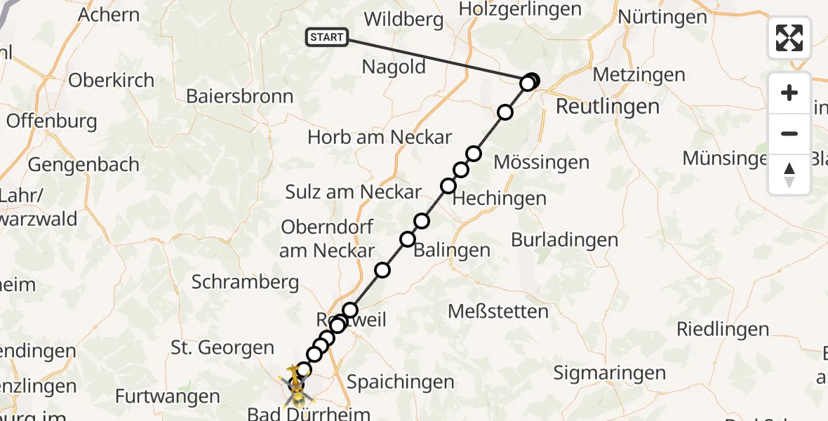 Flugroute Ambulanzhubschrauber Altensteig - DRF Air Rescue Station Villingen-Schwenningen Hubschrauberlandeplatz (Christoph 11), 29 August 2026, 18:48