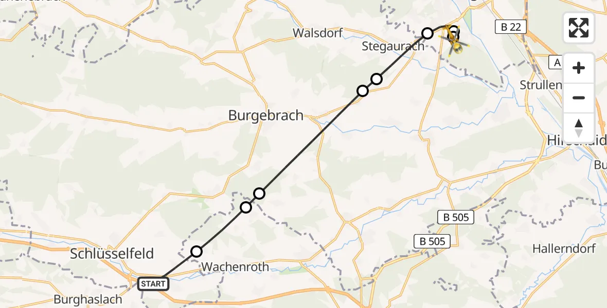 Flugroute Rettungshubschrauber Schlüsselfeld - Bamberg Hospital, 29 August 2026, 19:24