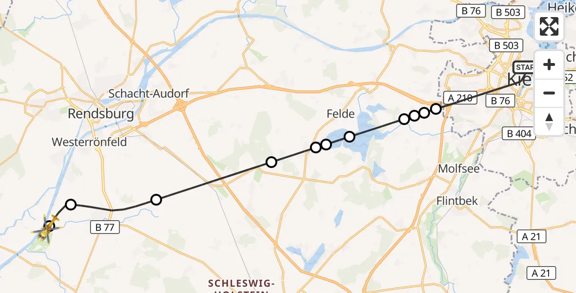 Flugroute Ambulanzhubschrauber Kiel - Hörsten, 29 August 2026, 19:33