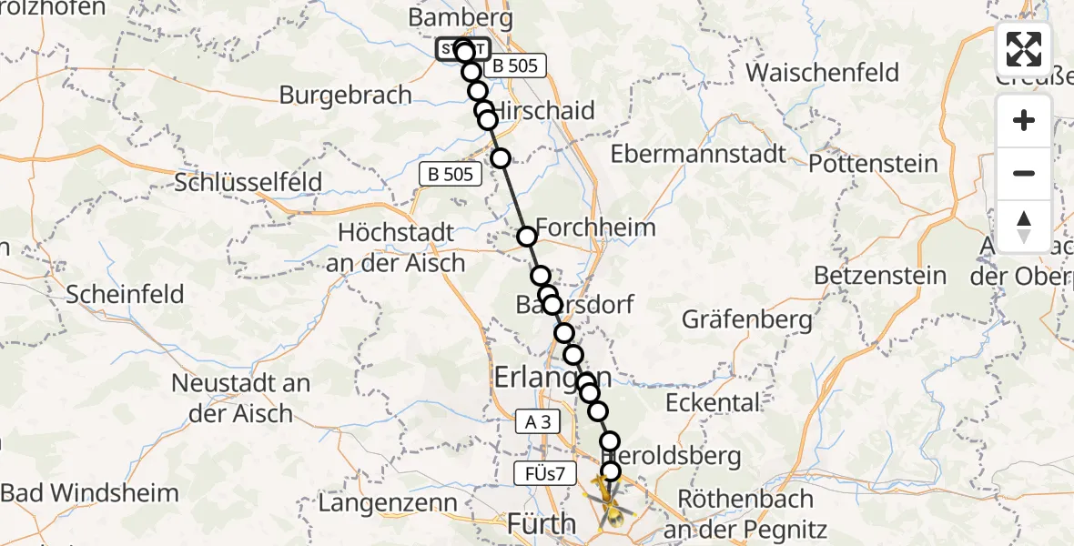 Flugroute Rettungshubschrauber Bamberg Hospital - Flughafen Nuremberg, 29 August 2026, 20:17