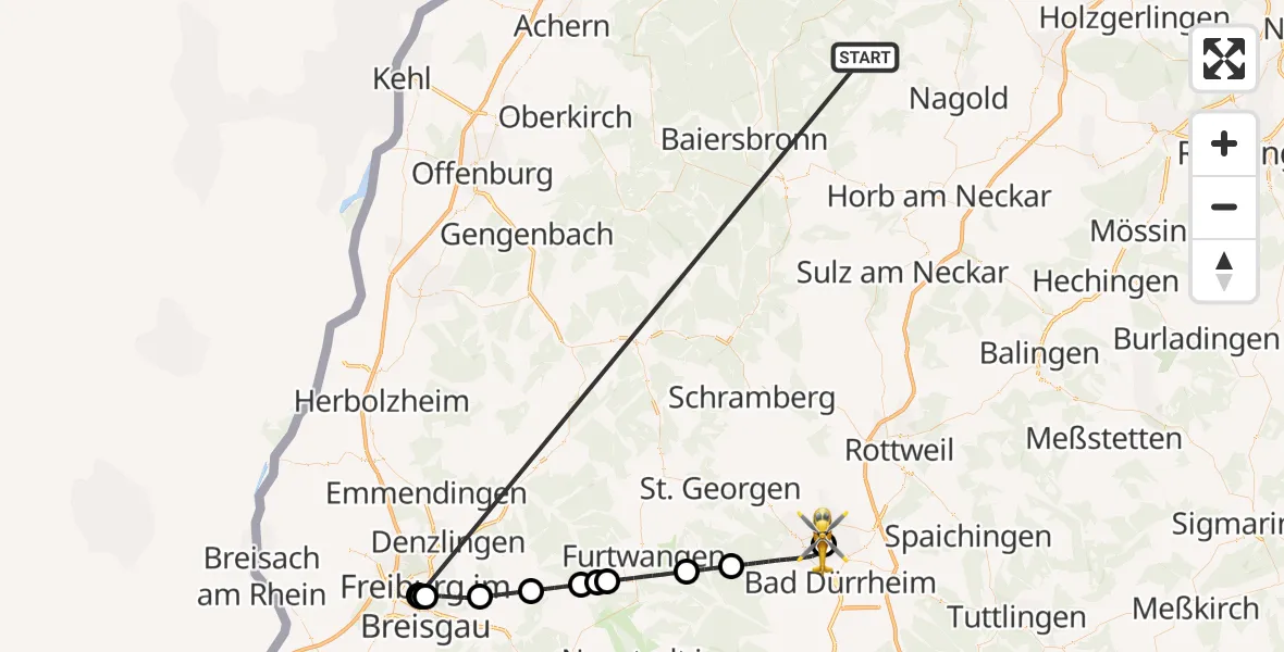 Flugroute Ambulanzhubschrauber Altensteig - DRF Air Rescue Station Villingen-Schwenningen Hubschrauberlandeplatz (Christoph 11), 29 August 2026, 21:22