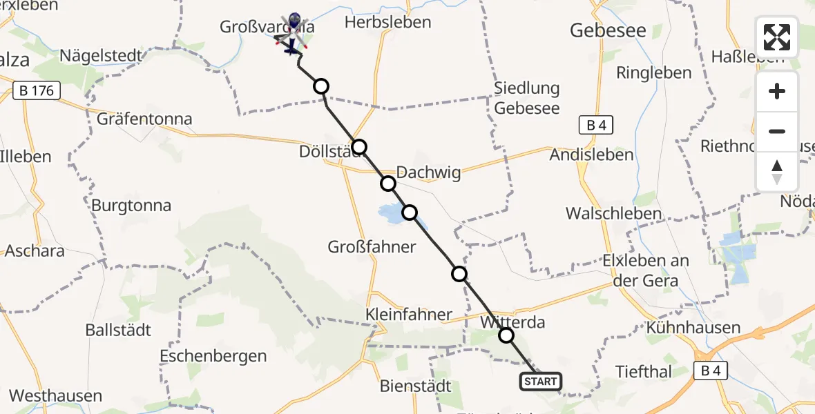 Flugroute Polizeihubschrauber Erfurt - Großvargula, 29 August 2026, 23:01