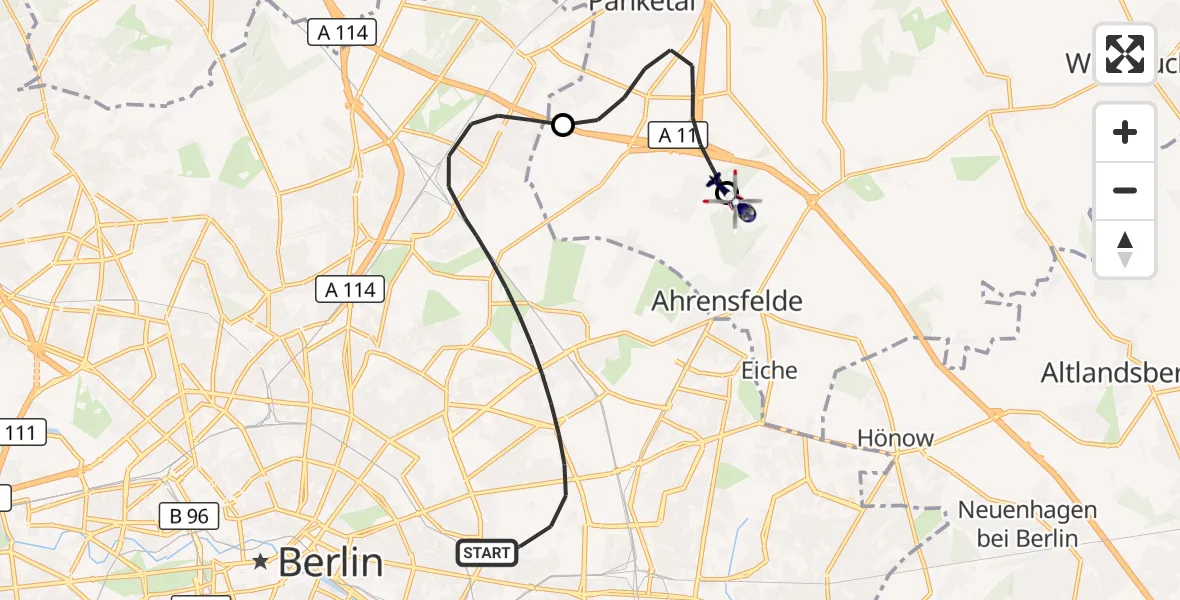 Flugroute Polizeihubschrauber Berlin - Ahrensfelde Hubschrauberlandeplatz, 29 August 2026, 23:13