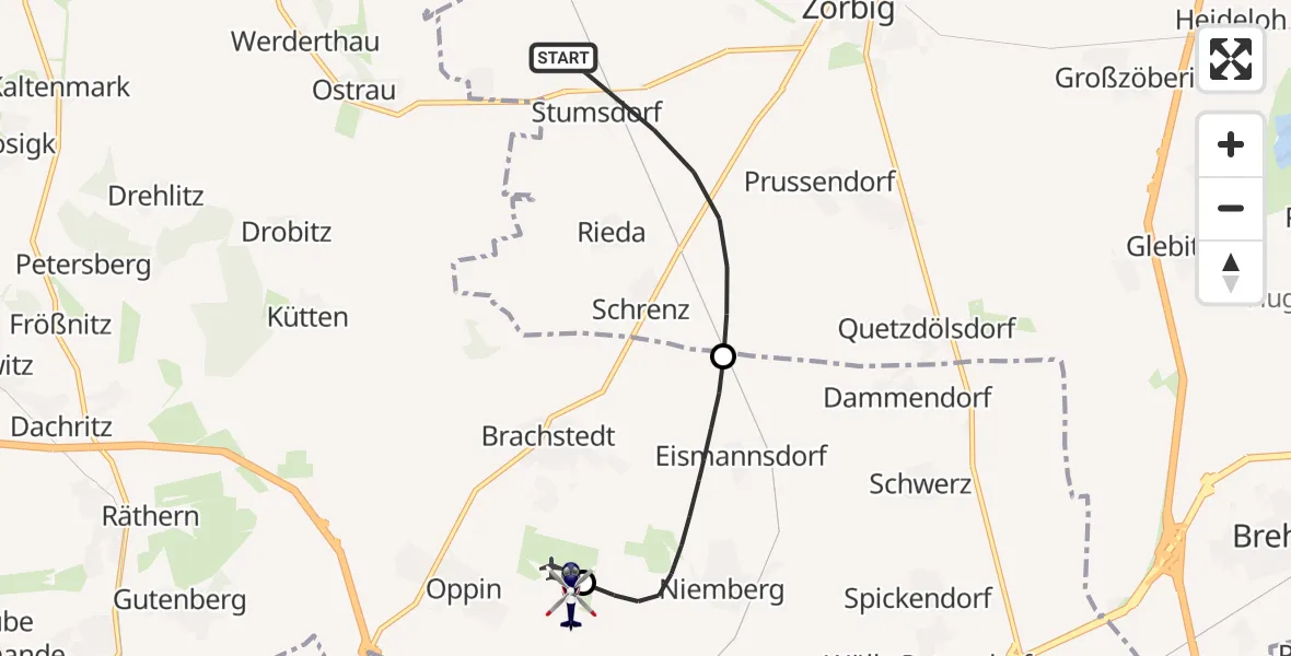 Flugroute Polizeihubschrauber Zörbig - Halle-Oppin Flugplatz, 29 August 2026, 23:14
