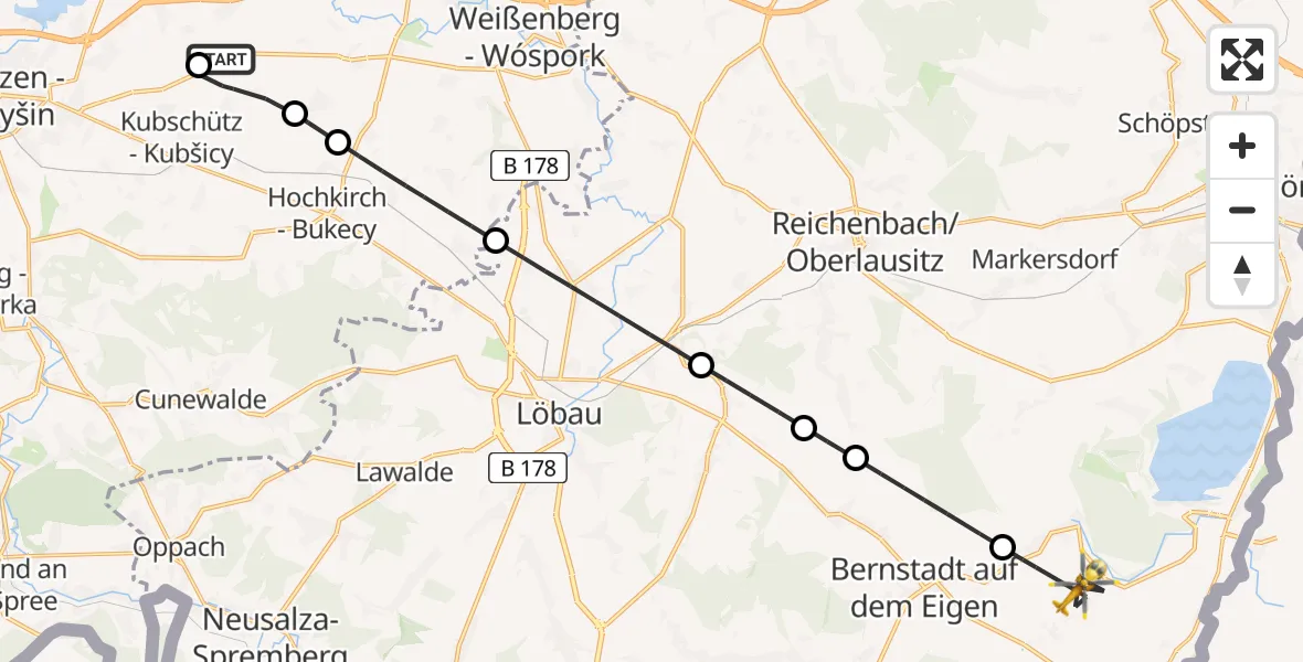 Flugroute Rettungshubschrauber Bautzen Flugplatz - Schönau-Berzdorf a.d.Eigen, 29 August 2026, 23:30