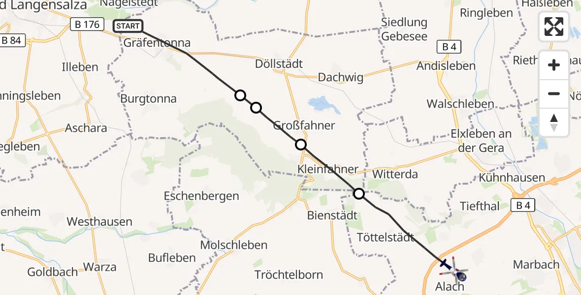Flugroute Polizeihubschrauber Tonna - Erfurt, 29 August 2026, 23:38
