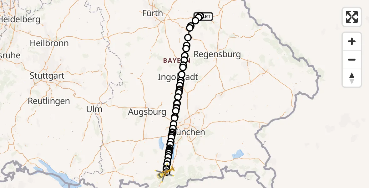 Flugroute Rettungshubschrauber Amberg - Murnau Accident Hospital, 30 August 2026, 00:40