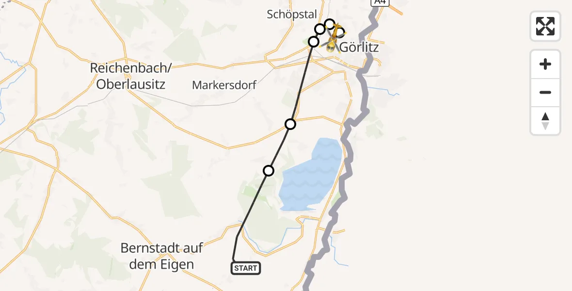 Flugroute Rettungshubschrauber Schönau-Berzdorf a.d.Eigen - Görlitz Hospital, 30 August 2026, 00:59