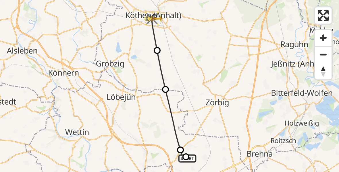 Flugroute Rettungshubschrauber Halle-Oppin Flugplatz - Köthen (Anhalt), 30 August 2026, 01:57