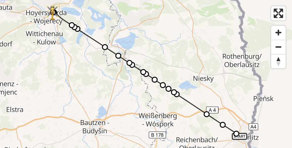 Flugroute Rettungshubschrauber Görlitz - Lausitzer Seenland Hospital, 30 August 2026, 01:57