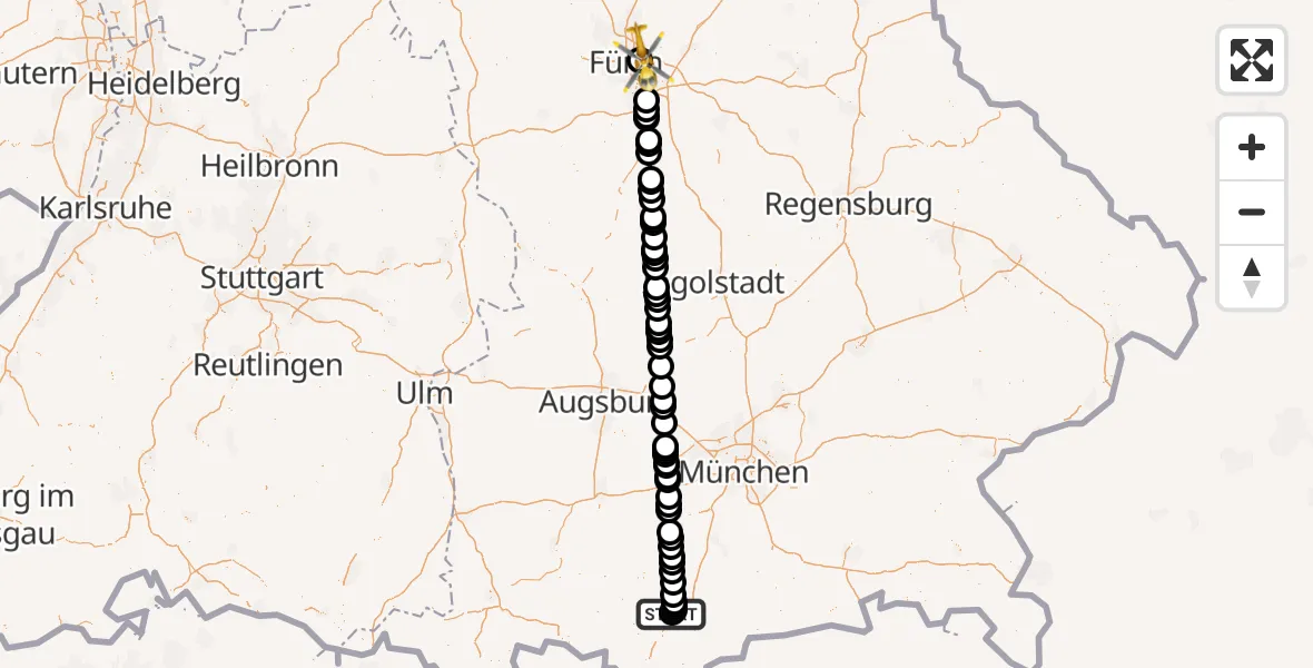 Flugroute Rettungshubschrauber Murnau Accident Hospital - Flughafen Nuremberg, 30 August 2026, 02:15