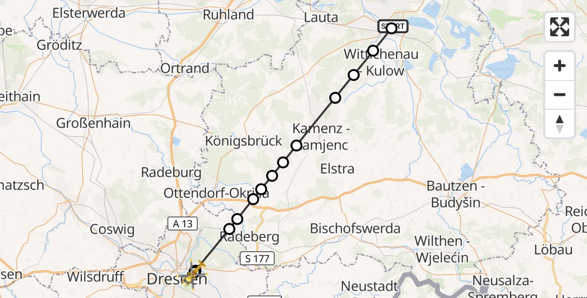 Flugroute Rettungshubschrauber Lausitzer Seenland Hospital - Dresden University Hospital, 30 August 2026, 02:50