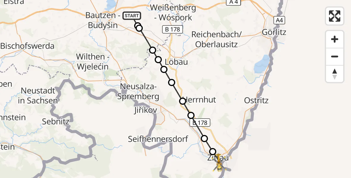 Flugroute Rettungshubschrauber Bautzen Flugplatz - Zittau, 30 August 2026, 04:03