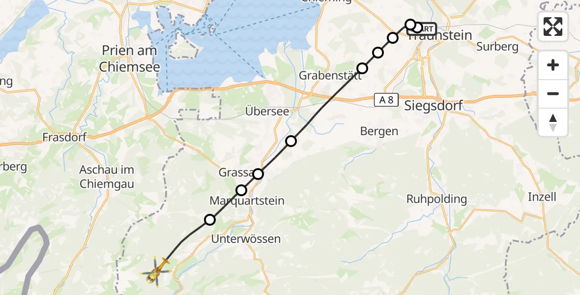 Flugroute Rettungshubschrauber Traunstein Hospital - Schleching, 30 August 2026, 05:03