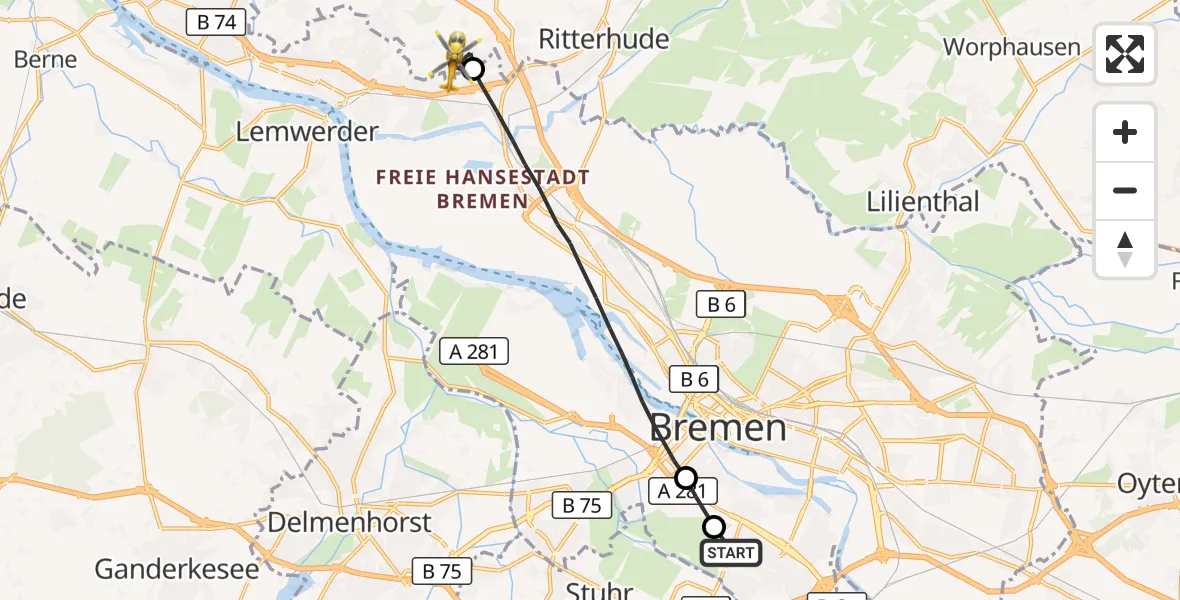 Flugroute Rettungshubschrauber Bremen - Ritterhude, 30 August 2026, 05:13