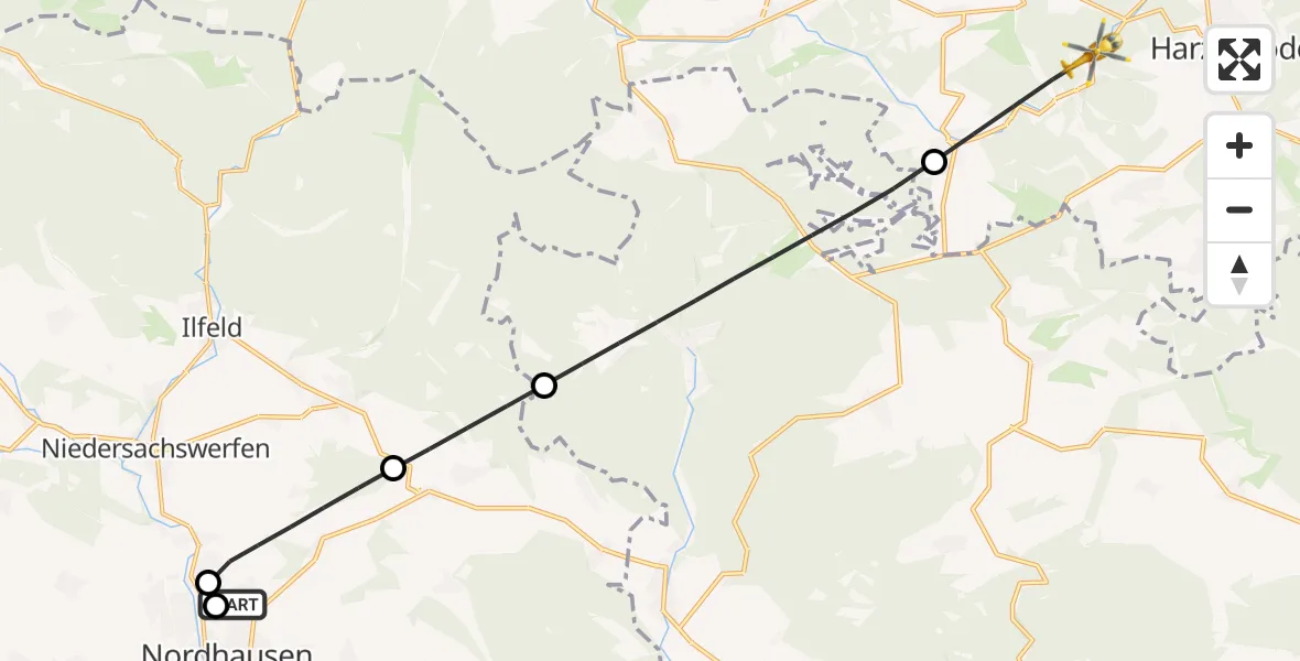Flugroute Rettungshubschrauber Südharz Hospital Nordhausen - Harzgerode, 30 August 2026, 05:20