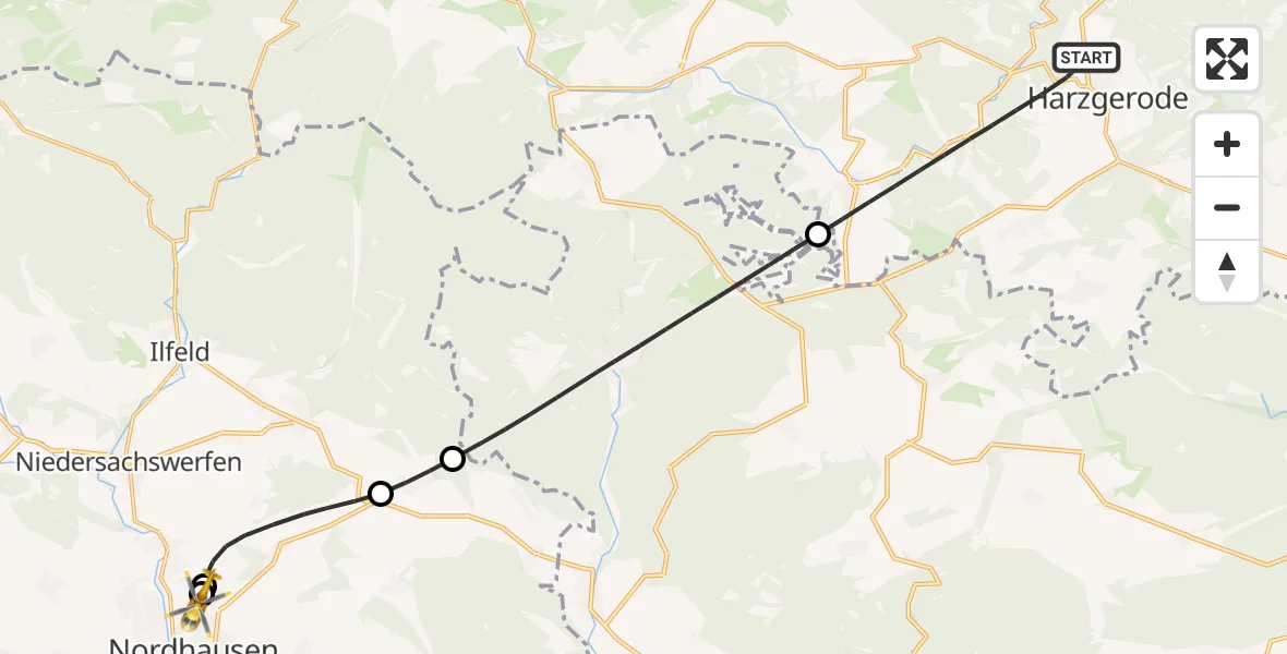 Flugroute Rettungshubschrauber Harzgerode - Südharz Hospital Nordhausen, 30 August 2026, 05:41