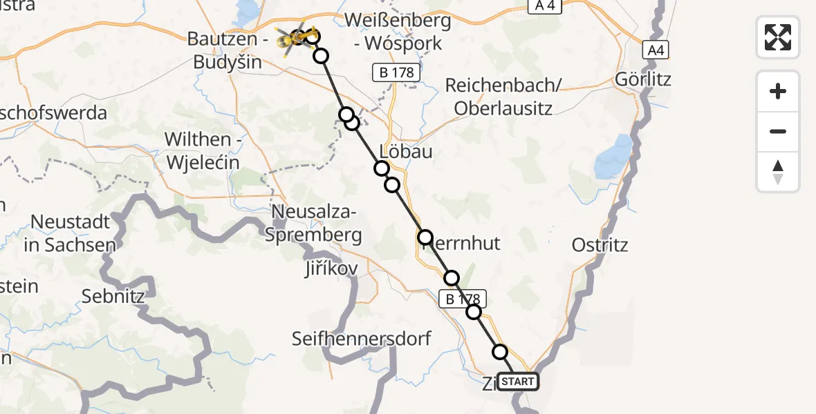 Flugroute Rettungshubschrauber Zittau - Bautzen Flugplatz, 30 August 2026, 06:00