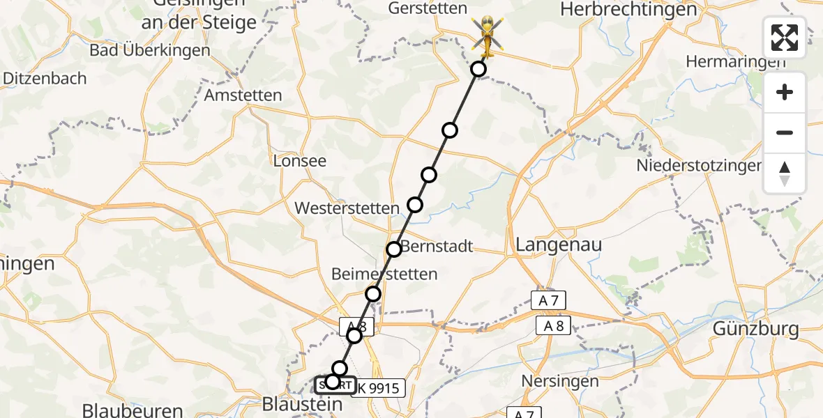 Flugroute Rettungshubschrauber Ulm Military Hospital Emergency - Gerstetten, 30 August 2026, 06:03