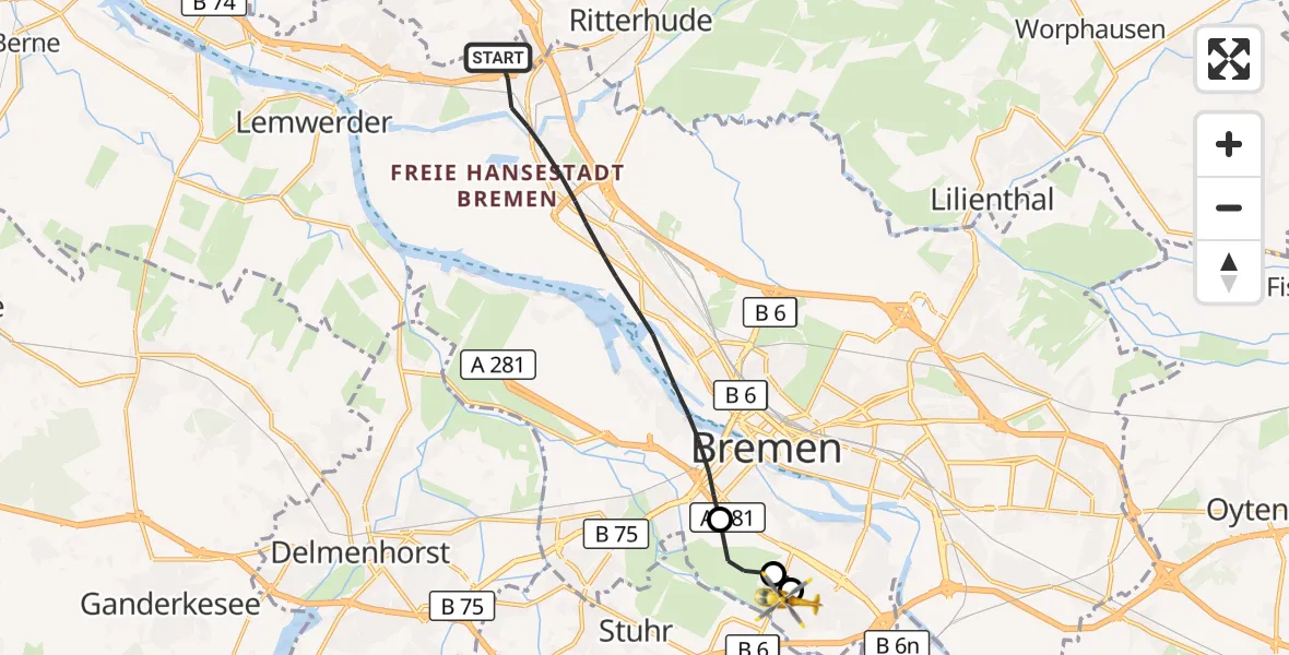 Flugroute Rettungshubschrauber Bremen - ADAC Air Rescue Station Bremen Hubschrauberlandeplatz (Christoph 6), 30 August 2026, 06:14