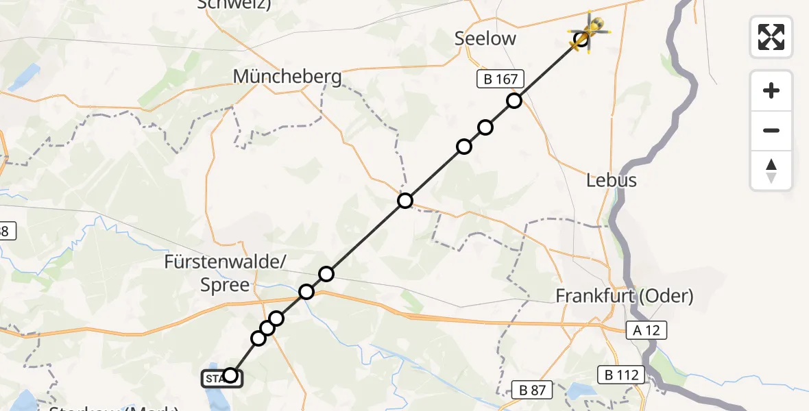 Flugroute Rettungshubschrauber Bad Saarow Hospital - Alt Tucheband, 30 August 2026, 06:16