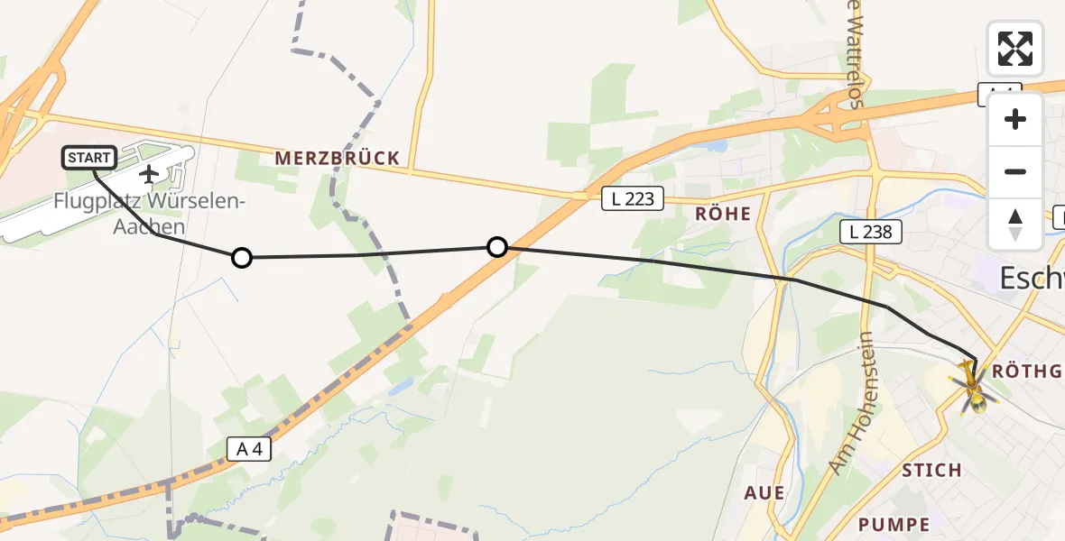 Flugroute Rettungshubschrauber Aachen-Merzbrück Flughafen - Eschweiler, 30 August 2026, 06:19