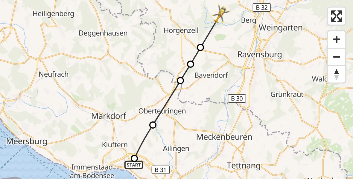 Flugroute Rettungshubschrauber Friedrichshafen Hospital - Berg, 30 August 2026, 06:23