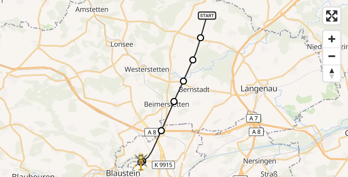 Flugroute Rettungshubschrauber Altheim (Alb) - ADAC Air Rescue Station Ulm (Christoph 22), 30 August 2026, 06:38