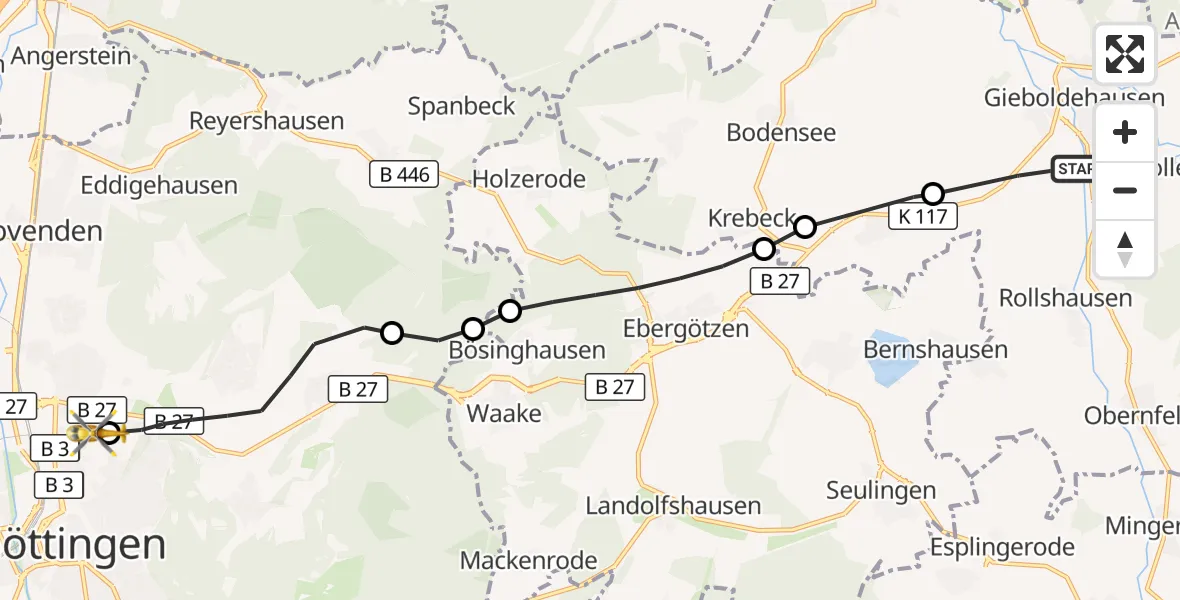 Flugroute Rettungshubschrauber Gieboldehausen - Göttingen University Clinic Hubschrauberlandeplatz, 30 August 2026, 06:38