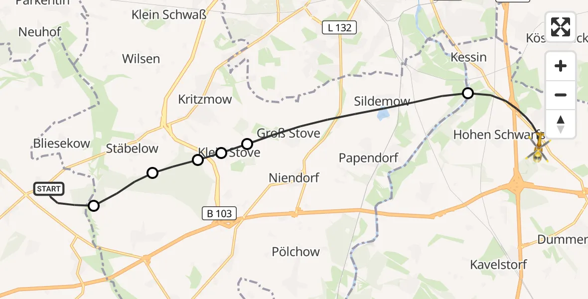 Flugroute Ambulanzhubschrauber Satow - Dummerstorf, 30 August 2026, 06:47