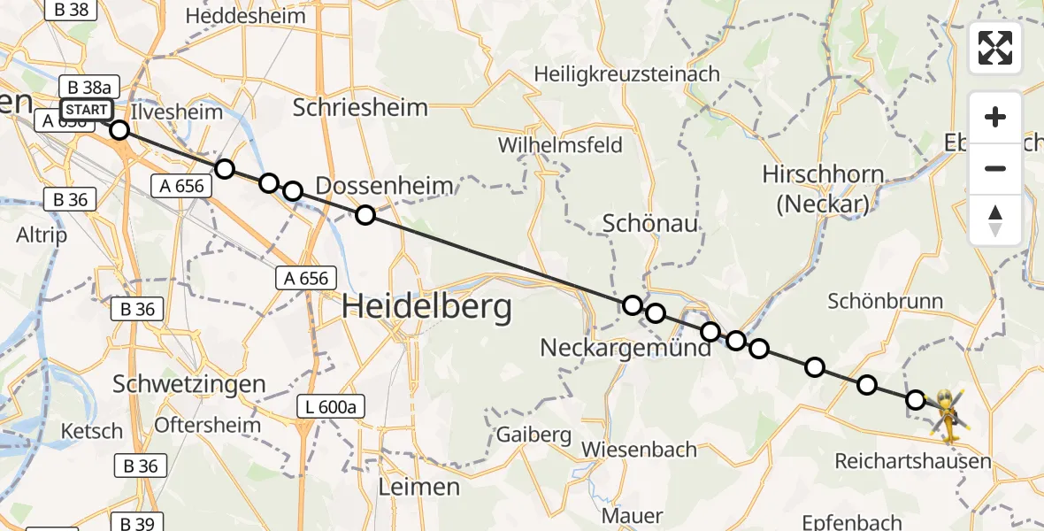 Flugroute Rettungshubschrauber Mannheim-City Flughafen - Aglasterhausen, 30 August 2026, 06:49
