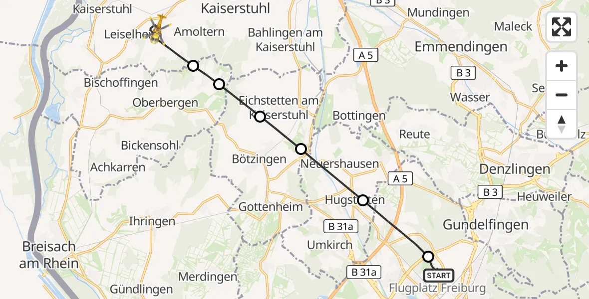 Flugroute Ambulanzhubschrauber Freiburg im Breisgau Flugplatz - Endingen am Kaiserstuhl, 30 August 2026, 06:50