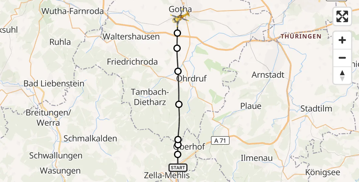 Flugroute Rettungshubschrauber Zella-Mehlis - Gotha, 30 August 2026, 07:02