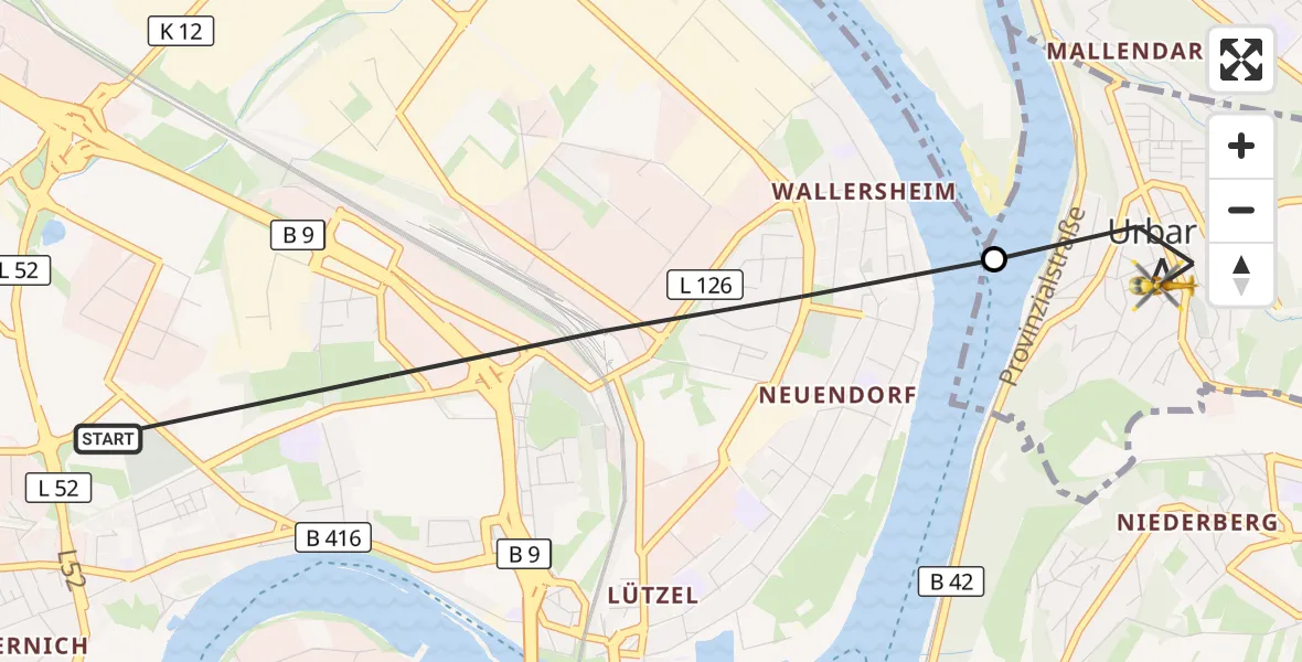 Flugroute Rettungshubschrauber Koblenz - Urbar, 30 August 2026, 07:17