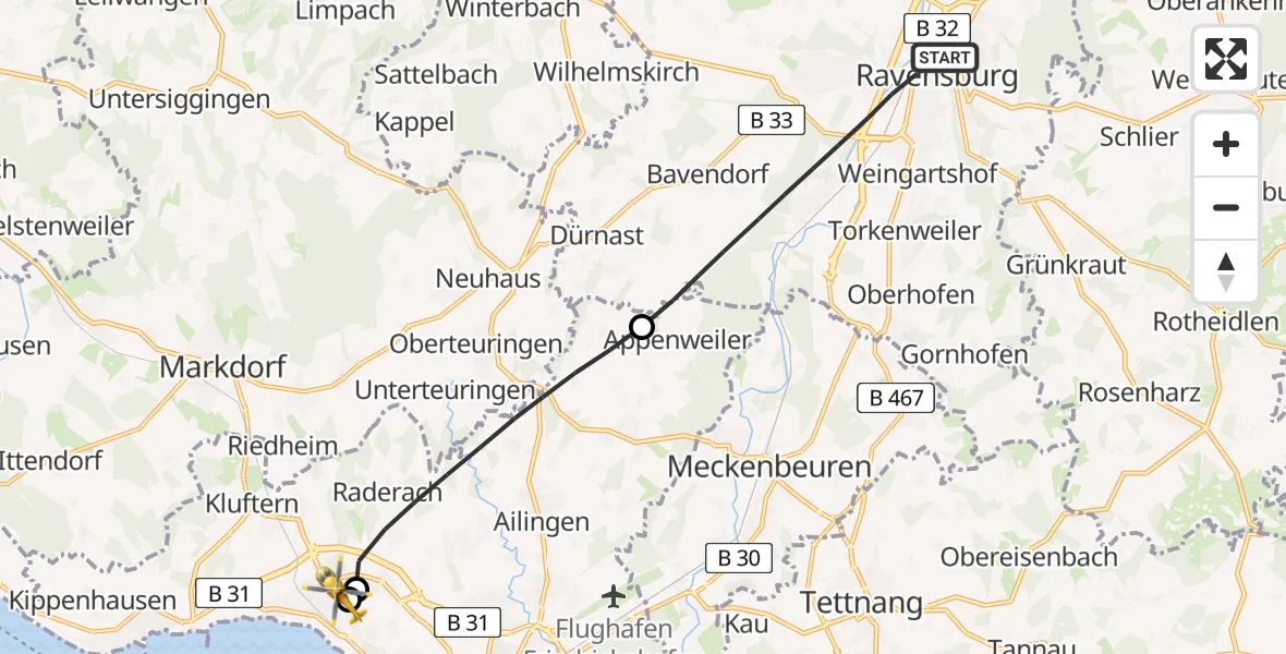 Flugroute Rettungshubschrauber Ravensburg - Friedrichshafen Hospital, 30 August 2026, 07:22