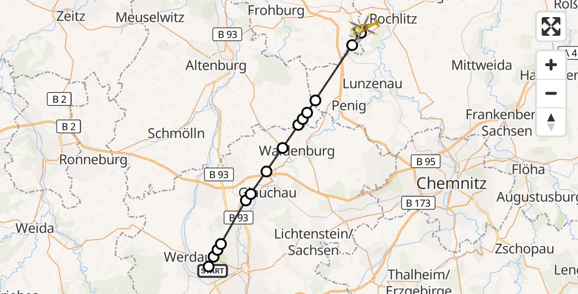 Flugroute Rettungshubschrauber ADAC Air Rescue Station Zwickau Hubschrauberlandeplatz - Rochlitz, 30 August 2026, 07:31